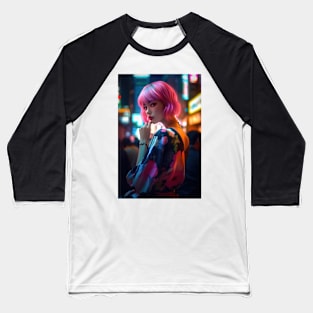 Cyberpunk Girl in Neon Tokyo, a Gaming Room Wall Art Baseball T-Shirt